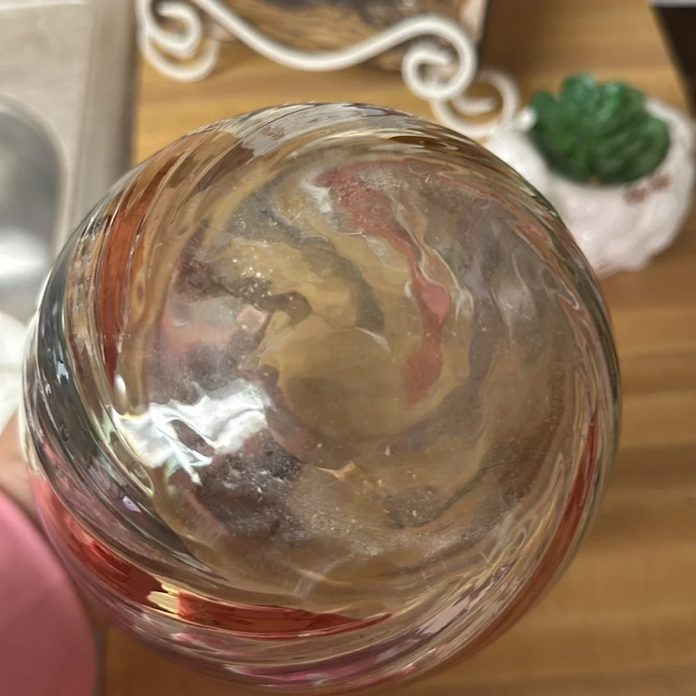 Vintage rainbow  swirl gold encrusted glass vase  Czech 9 1/2 x 4 1/2”